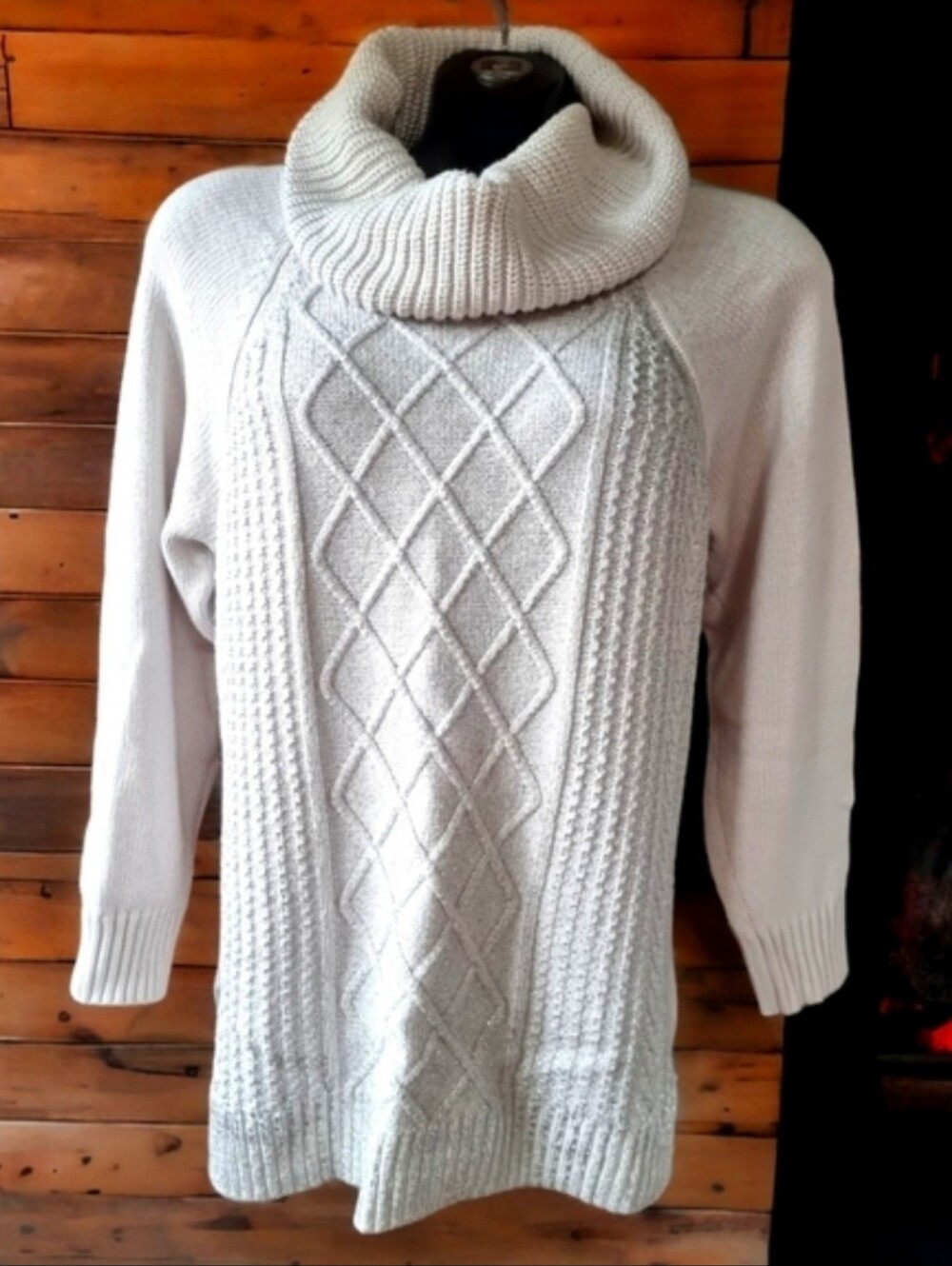 Tribal Metallic Cable-Knit Turtleneck Cotton Blend Sweater Size L